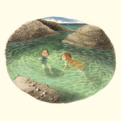 two children swimming in the water near rocks