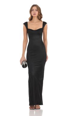 Satin Bodycon Maxi Dress in Black | LUCY IN THE SKY Black Tie Wedding Guest Dress, Formal Wedding Guest Dress, Black Dresses Classy, Bodycon Maxi Dress, Lucy In The Sky, Simple Prom Dress, Guest Attire, Black Dress Formal, Black Satin Dress