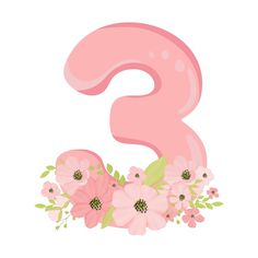 the number three is surrounded by pink flowers