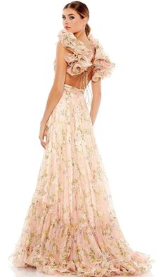 Mac Duggal - 67803 Ruffled Floral Printed A-Line Dress – Couture Candy Boho Style Skirts, Mac Duggal Dress, Dress Deep V Neck, Floral Chiffon Maxi Dress, Flowy Floral Dress, Short Party Dresses, Birthday Fits