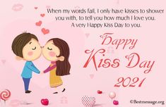 a couple kissing each other in front of a pink background with the words happy kiss day