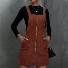 Corduroy O-Ring Zipper Mini Overall Dress- New With Tags. Color: Rust Brown. Loose Short Dress, Ring Der O, Bare Shoulders, Corduroy Dress, Loose Shorts, Overall Dress, Casual Style Outfits, Pocket Dress, Fashion Colours