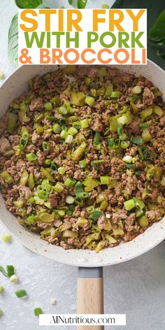 stir fry with pork and brussel sprouts in a white skillet