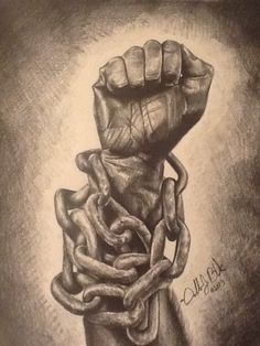 a drawing of a hand with chains on it