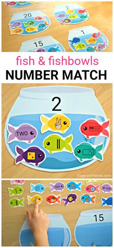 the number match game with fish and numbers on it, is shown in two different pictures