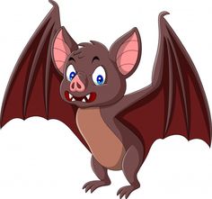 cartoon bat with big blue eyes and large wings, flying in the air on a white background