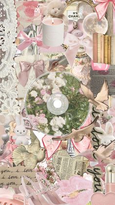 the collage is full of pink and white flowers, laces, books, candles, and other items