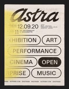 an advertisement for the art exhibition astra, with different font and numbers on it