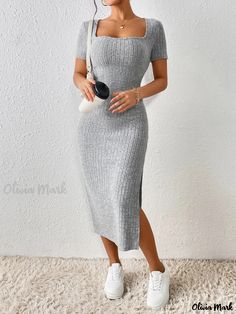 Olivia Mark - Stylish High Collar Sleek Bodycon Slit Sheath Dress Fitted Knit Dress, Knitted Bodycon Dress, Neck Bodycon Dress, Split Dress, Knit Midi, Knit Midi Dress, Clothing Size Chart, Womens Clothing Sizes, Pencil Dress