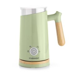 a green coffee pot with a wooden handle