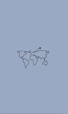 an airplane flying over the top of a world map on a blue background with black lines