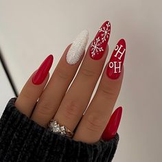 Buy Christmas Press on Nails Almond Medium Fake Nails Red Acrylic False Nails Glossy Glue on Nails Full Cover White Snowflakes with Designs Glitter Stiletto Nails for Women 24Pcs at Walmart.com Amazon Christmas, Red Christmas Nails, Snowflake Nails, Festival Nails, Christmas Nail Designs, Stick On Nails