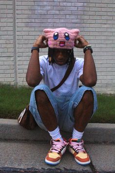 This Kirby beanie is one of a kind and great pop to any outfit! 🤍 (universal fit) Kirby Beanie, Y2k Beanie, Beanie Outfit, Men Street Fashion, Under The Knife, Black Men Street Fashion, Dope Outfits For Guys, Crochet Clothing And Accessories, Street Fashion Men Streetwear