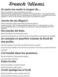 french idioms with the words in different languages and their corresponding phrases on it