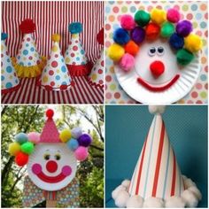 four different pictures with clown hats and paper plates