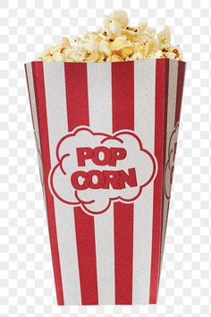 a red and white striped popcorn bag with the word pop corn on it's side