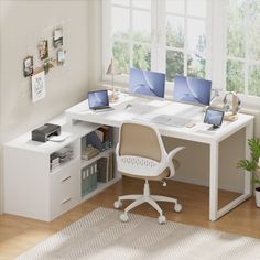 a white desk with two laptops on it and a plant in front of it