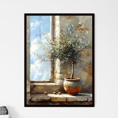 Vintage Realistic Oil Painting with Olive Tree in Aged Pottery on Windowsill Default Title Olive Tree Art Painting, Painting Olive Tree, Abstract Vintage Art, Olive Tree Art, Olive Painting, Aged Pottery, Olive Tree Painting, Oil Painting Trees, Night Sky Painting