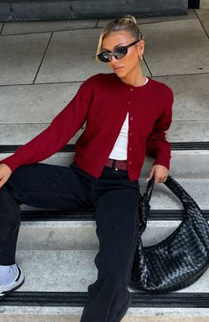 Warm Whispers Knit Cardigan Burgundy Outfit Inspo Fall Cardigan, European Winter Fashion Street Style, Romantic And Classic Style, Cardigan With Buttons Outfit, H And M Sweater, Cute Fall Sweaters For Women, Fall Fits Cardigan, Red Cardigan And Jeans Outfit, College Autumn Outfits