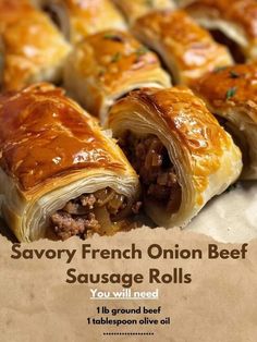 an advertisement for savory french onion beef sausage rolls