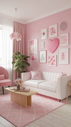 a living room with pink walls and pictures on the wall above the white couches