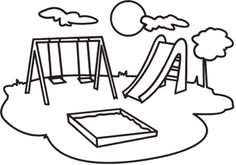 a black and white drawing of a swing set with a slide in the foreground