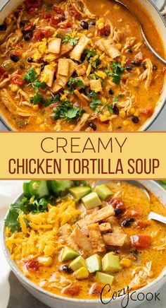 creamy chicken tortilla soup in a white bowl with cilantro, tomatoes, and cheese Creamy Chicken Tortilla Soup, Chicken Tortilla Soup Recipe, Chicken Tortillas Soups Recipe, Tortilla Soup Recipe, Fall Soup Recipes, Yard House, Fall Soups, Chicken Tortilla Soup