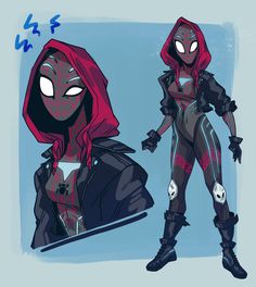 a drawing of spider - man and woman with hoods on, one in full costume