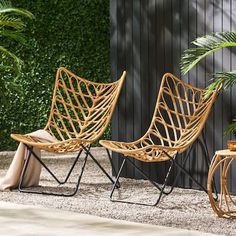 three chairs sitting next to each other in front of a wall with plants on it