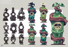 the concept art for an animated video game, which is based on bottles with plants growing out of them