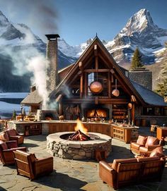 an outdoor fire pit in front of a mountain cabin with chairs and tables around it