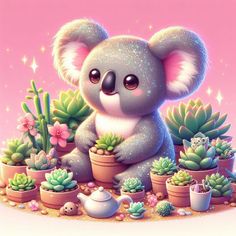 a painting of a koala bear surrounded by cacti and succulents