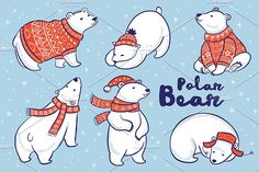 polar bears in sweaters and hats with snowflakes on the background, hand drawn illustration