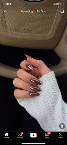 Brown Chrome Nails, Brown Chrome, Simple Fall Nails, Milky Nails, Chrome Nails Designs, February Nails, Pearl Nails, Almond Acrylic Nails