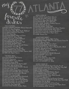 the menu for my 77 atlanta favorite dishes on a chalkboard with handwritten lettering