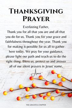 a thanksgiving prayer with berries and leaves on a white wooden background that says,'thanksgiving prayer everlasting father, thank you for all that you