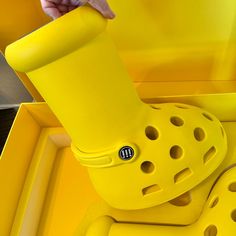 New In Box - These Mschf X Crocs "Big Red Boots" In Yellow Are An Amazing Addition For Any Shoe Collector, Cosplayer, Or For Your Next Festival!? All Over Rubber Material With Traditional Crocs Collab Design Elements. Heavy Duty And Kind Of Chonky! These Come In Their Original Box With Even The Original Straight From Mschf Box As Well! I Won The Chance To Buy These On A Lottery Ticket And They Were Too Narrow For My Calves. Never Even Stood In Them, Just Tried Them On And Put Them Right Back In Big Yellow Crocs, Crocs Collab, Big Red Boots, Croc Accessories, Yellow Crocs, Lottery Ticket, Yellow Boots, Rubber Boot, Red Boots