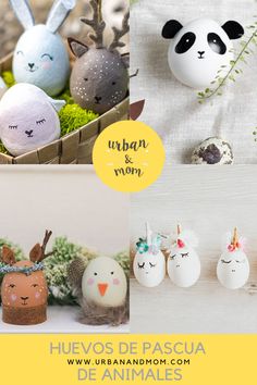 easter eggs decorated with animals and plants are shown in three different pictures, one is for mom