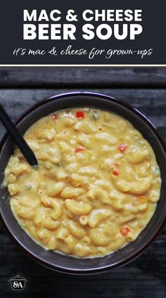 macaroni and cheese soup in a bowl with the title overlaying it