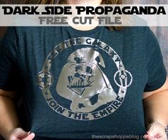 a woman wearing a star wars t - shirt with the text dark side propaganda free cut file