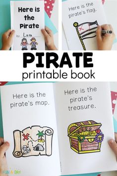 the pirate printable book for kids is shown in four different pictures with text that reads here is the pirate, here is the pirate