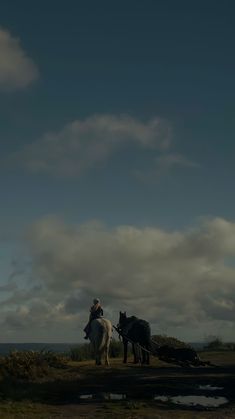 two horses are standing on the side of a road with people sitting on top of them