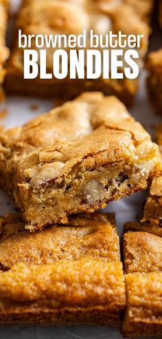 A close up view of squares of browned butter blondies. Recipes Using Browned Butter, Blonde Brownies Cake Mix Blondie Recipe, Blonde Brownie Recipes, Browned Butter Blondies Recipe, No Bake Cookie Butter Bars, Blonde Recipe Brownies, Blondes Recipe Blondie Brownies, Caramel Blondies Recipe, Brown Butter Blondies Recipes