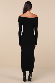 From office parties to holiday bashes, there are plenty of occasions the Glamorous Incredibly Pristine Black Off-the-Shoulder Sweater Maxi Dress will be perfect for! Stretchy ribbed sweater knit shapes this must-have dress that features a chic off-the-shoulder neckline with a fold-over trim and a flirty bodycon silhouette, all framed by long sleeves. A sophisticated maxi hem completes the look. Fit: This garment fits true to size. Length: Ankle length. Size medium measures 46.5" from top to bottom. Bust: Great for any cup size. Waist: Fitted - stretchy fabric allows custom fit. Hip: Fitted - stretchy fabric allows room for hips. Undergarments: May be worn with a strapless bra, adhesive bra, petals, or no bra. Fabric: Fabric is very stretchy. Unlined. 41% Viscose, 35% Polyamide, 24% Polyest Winter Dinner Dress, Off The Shoulder Sweater Dress, Outfit Planning, Maxi Bodycon Dress, Old Outfits, Sweater Maxi Dress, Outfit Plan, Bardot Dress, Black Sweater Dress