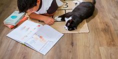 a young boy is petting a cat on the floor next to an open book