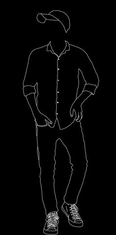 a black and white drawing of a man with his hands in his pockets