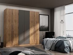 a bedroom with a large bed and wooden cabinets