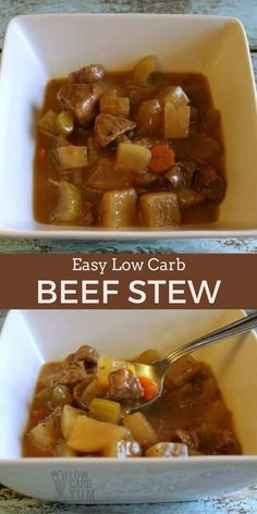 two bowls filled with beef stew on top of a wooden table