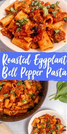 roasted eggplant bell pepper pasta in a white bowl with basil on the side