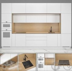 an image of a kitchen with white cabinets and black counter tops, including a sink